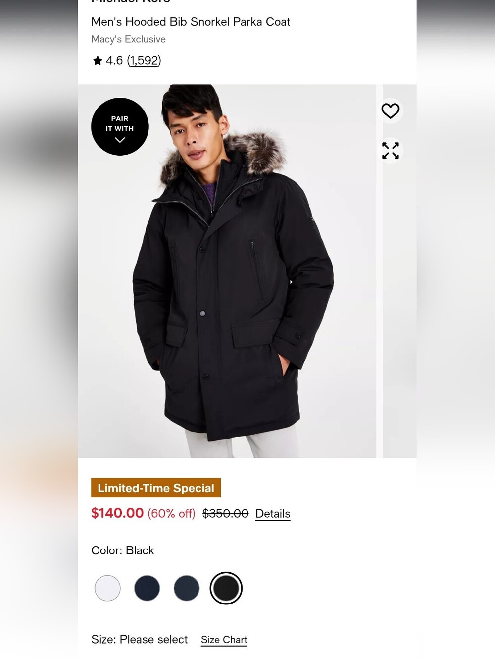 Retail $140 Michael Kors Black Parka Coat with Faux Fur Trim. Like New